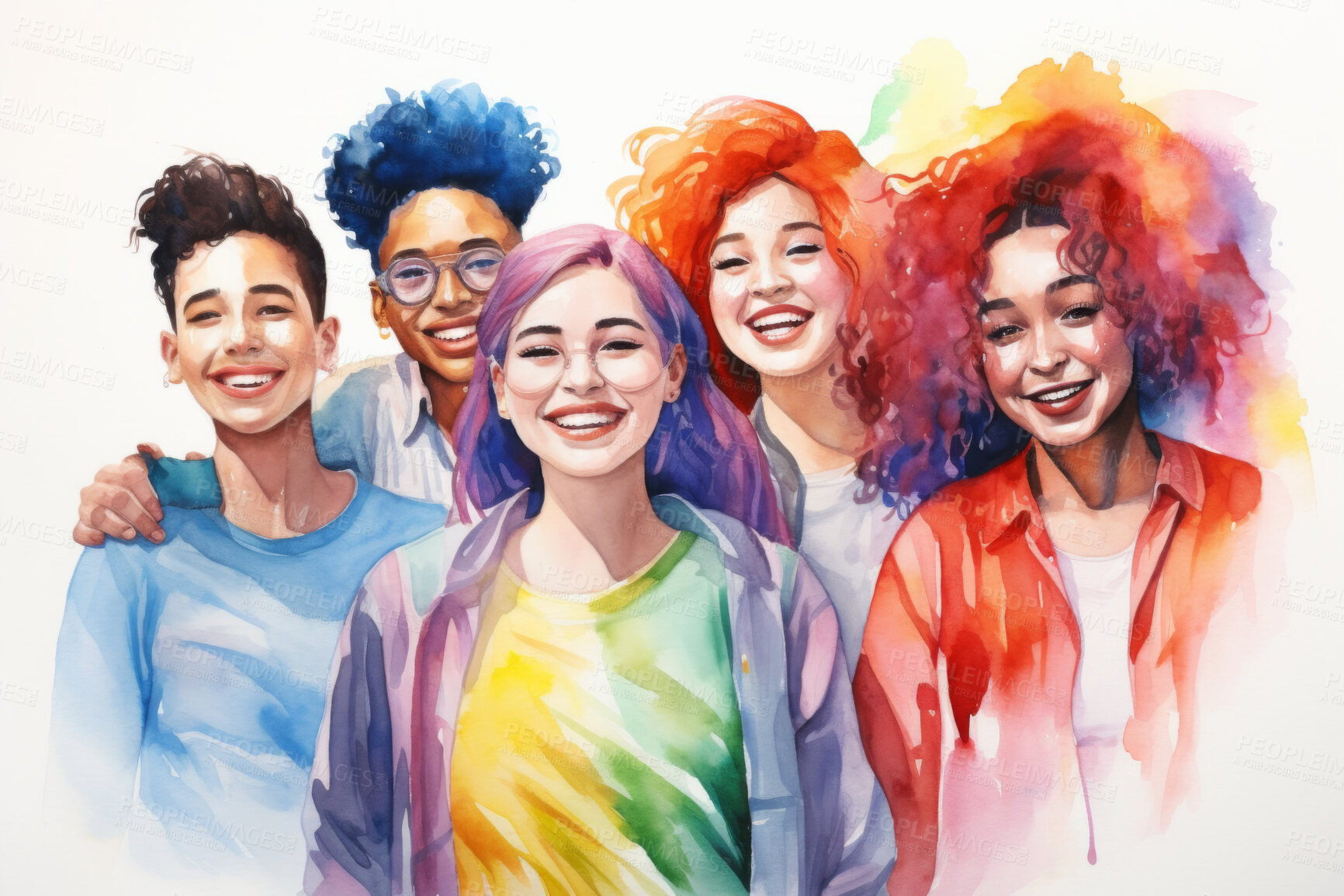 Buy stock photo Group, diverse students and watercolour portrait illustration on a white background for human rights protest, awareness and LGBTQ. Happy, beautiful and colourful sketch for creative poster design