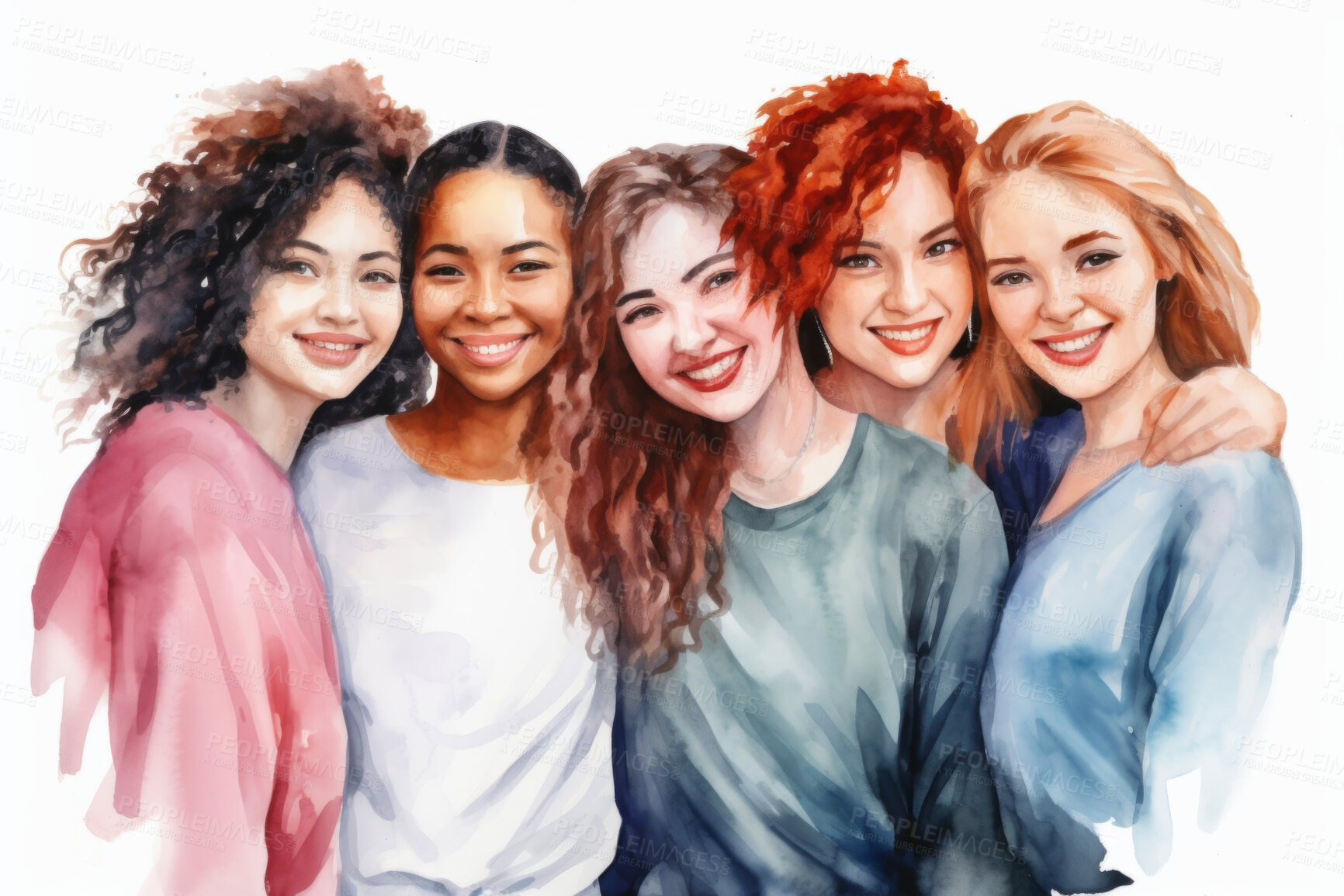 Buy stock photo Group, diverse women and watercolour portrait illustration on a white background for human rights protest, awareness and activist. Happy, beautiful and colourful sketch for creative poster design