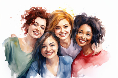 Group, diverse women and watercolour portrait illustration on a white background for human rights protest, awareness and activist. Happy, beautiful and colourful sketch for creative poster design