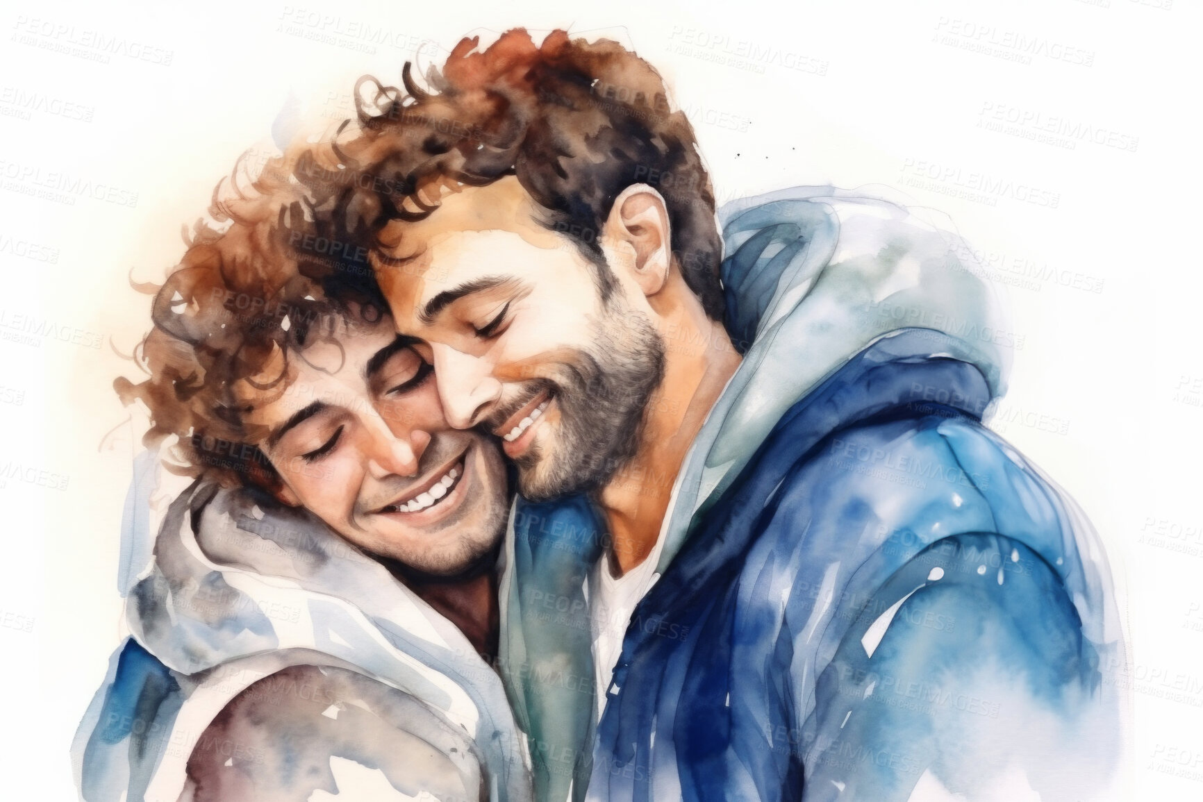 Buy stock photo Young, gay couple and watercolour illustration painting on a white background for LGBTQ love, awareness and support hug. Happy, men and colourful sketch for creative gift, card and design artwork