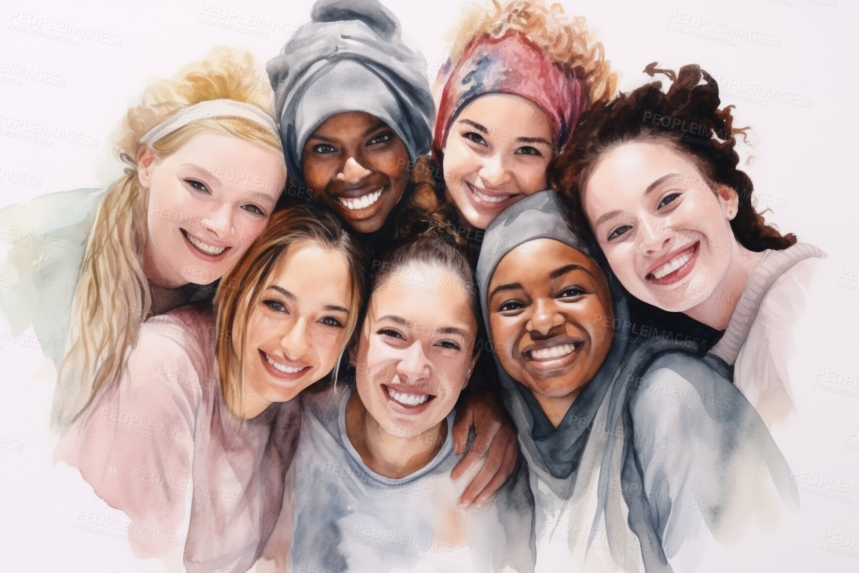 Buy stock photo Group, diverse women and watercolour portrait illustration on a white background for human rights protest, awareness and activist. Happy, beautiful and colourful sketch for creative poster design