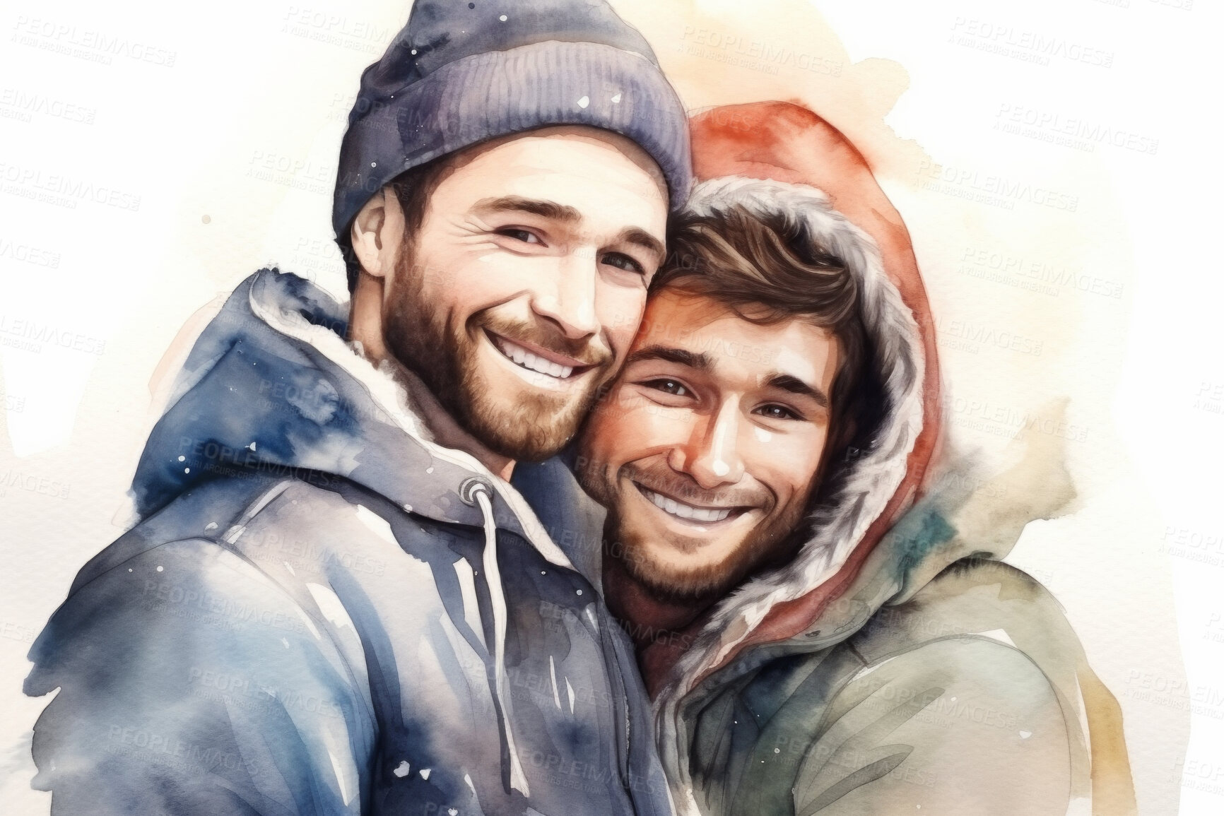 Buy stock photo Young, gay couple and watercolour illustration painting on a white background for LGBTQ love, awareness and support hug. Happy, men and colourful sketch for creative gift, card and design artwork