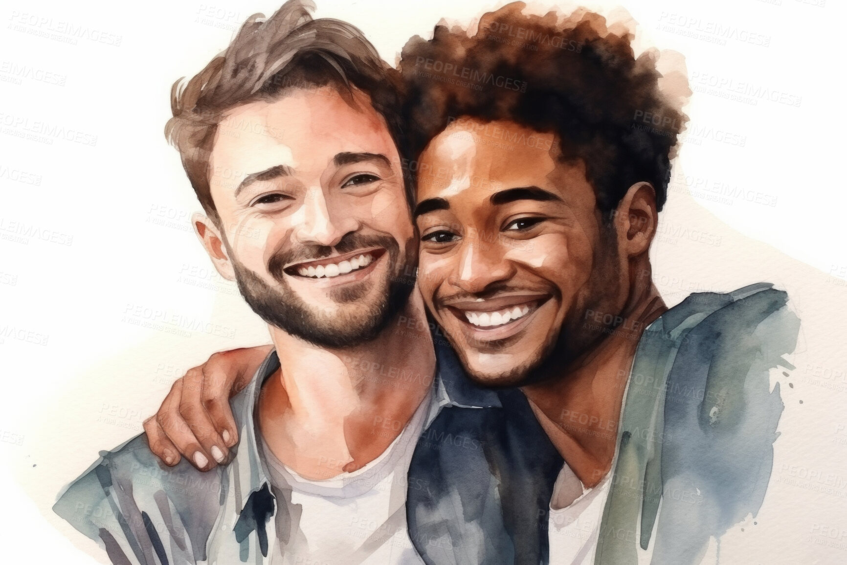 Buy stock photo Young, gay couple and watercolour illustration painting on a white background for LGBTQ love, awareness and support hug. Happy, men and colourful sketch for creative gift, card and design artwork