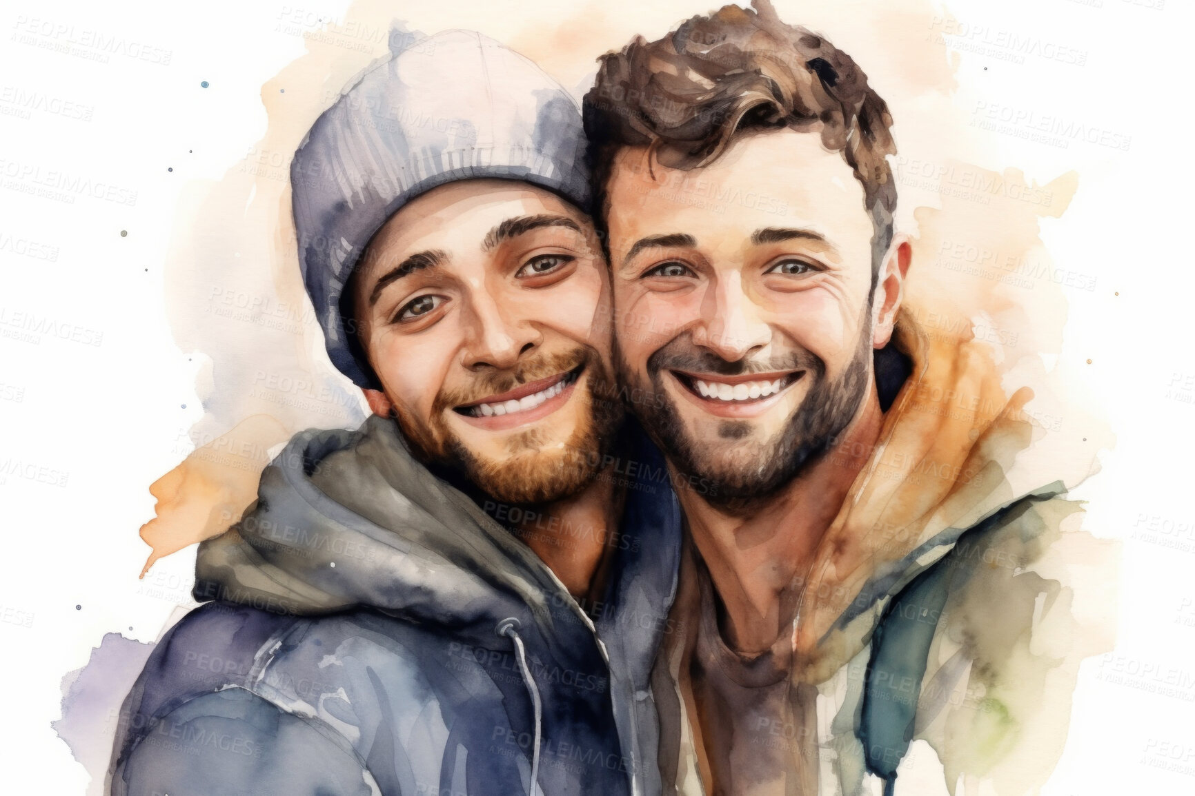 Buy stock photo Young, gay couple and watercolour illustration painting on a white background for LGBTQ love, awareness and support hug. Happy, men and colourful sketch for creative gift, card and design artwork