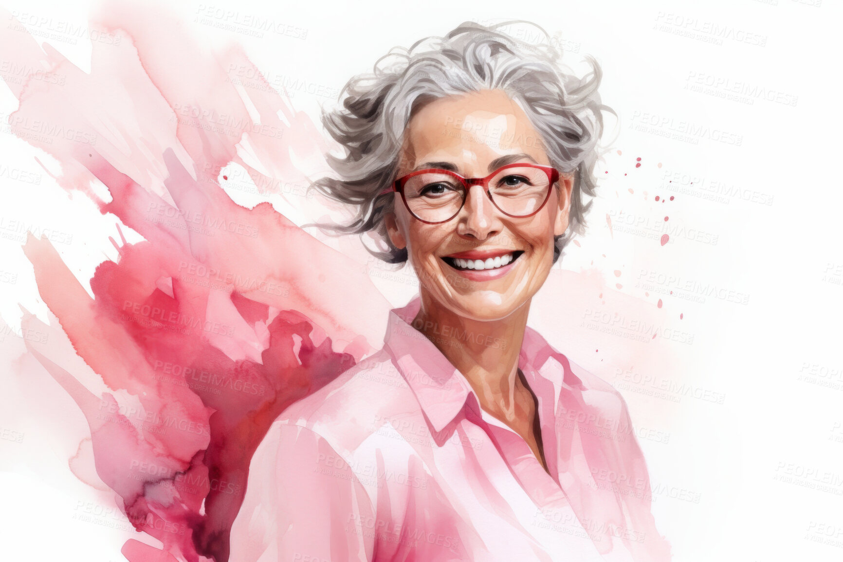 Buy stock photo Mature, woman and watercolour portrait illustration on a white background for cancer, health awareness and support. Happy, beautiful and colourful sketch for creative poster and card design artwork