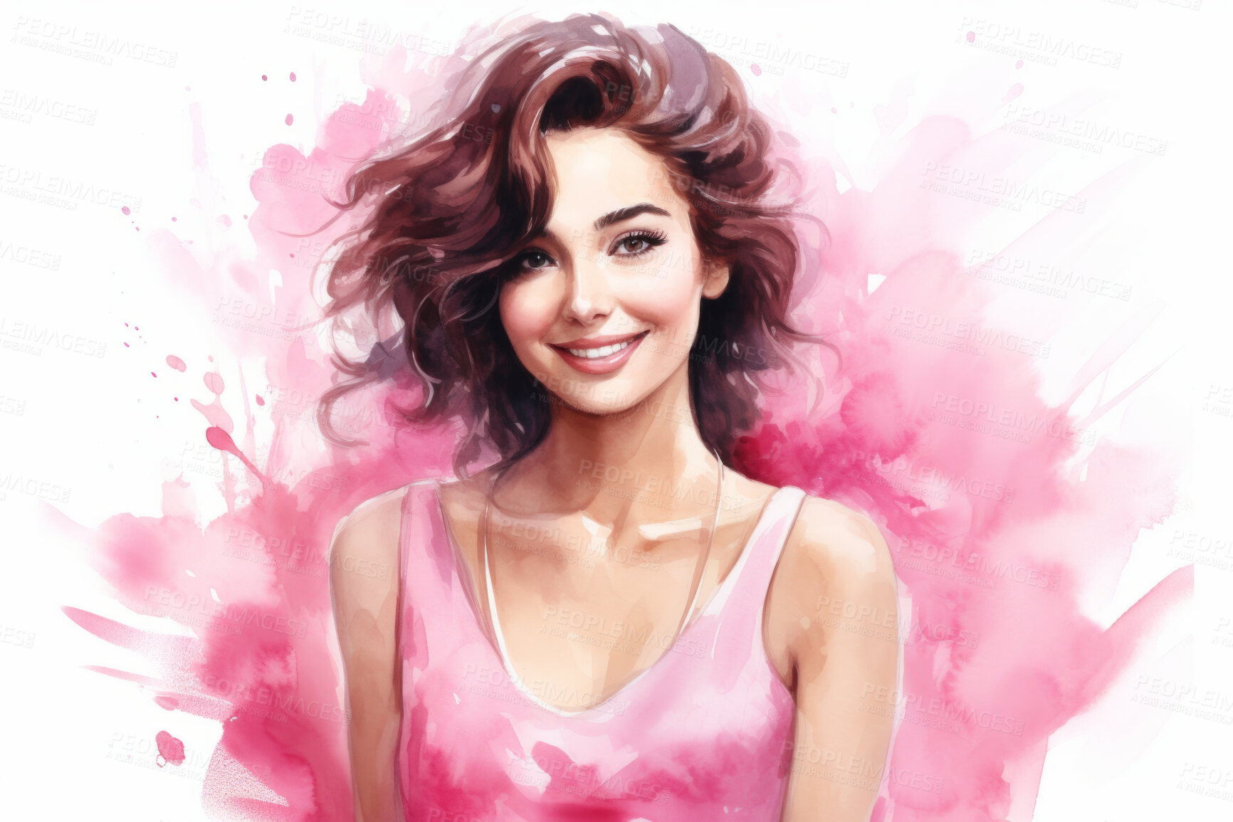 Buy stock photo Young, woman and watercolour portrait illustration on a white background for cancer, health awareness and support. Happy, beautiful and colourful sketch for creative poster and card design artwork