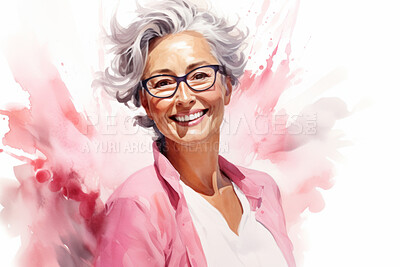 Mature, woman and watercolour portrait illustration on a white background for cancer, health awareness and support. Happy, beautiful and colourful sketch for creative poster and card design artwork