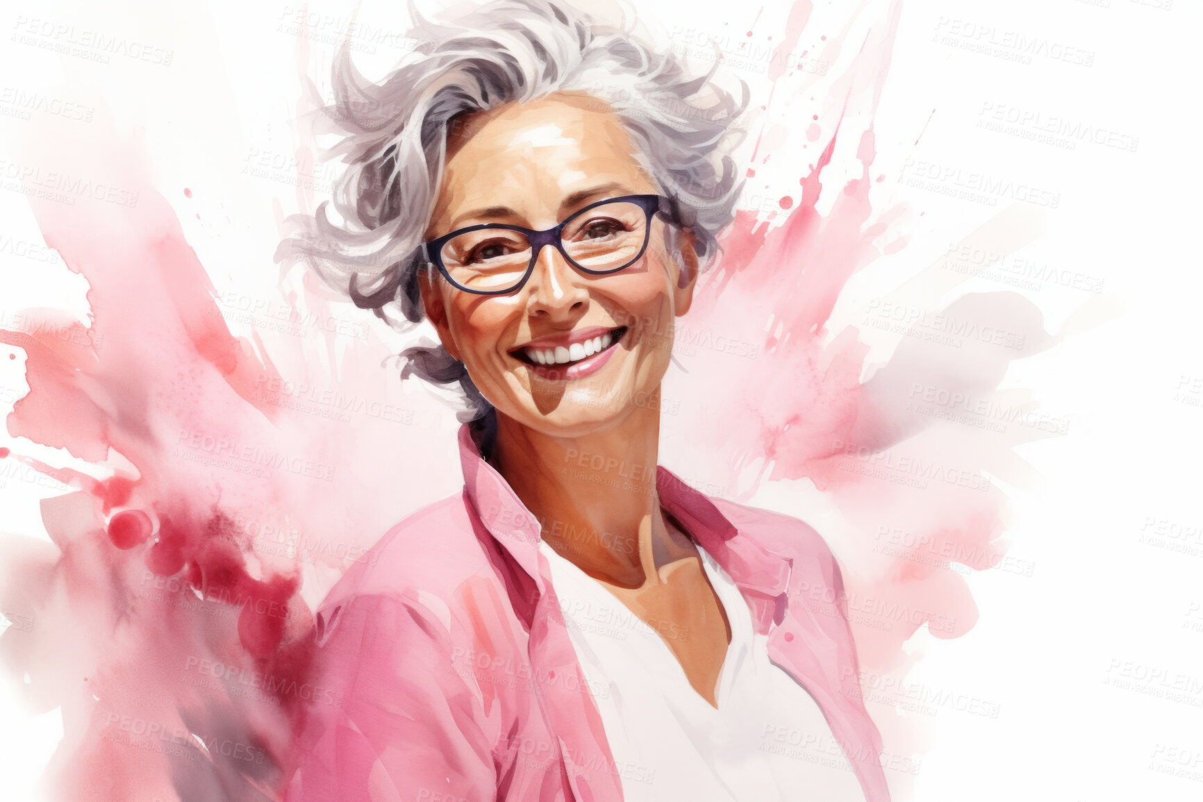 Buy stock photo Mature, woman and watercolour portrait illustration on a white background for cancer, health awareness and support. Happy, beautiful and colourful sketch for creative poster and card design artwork