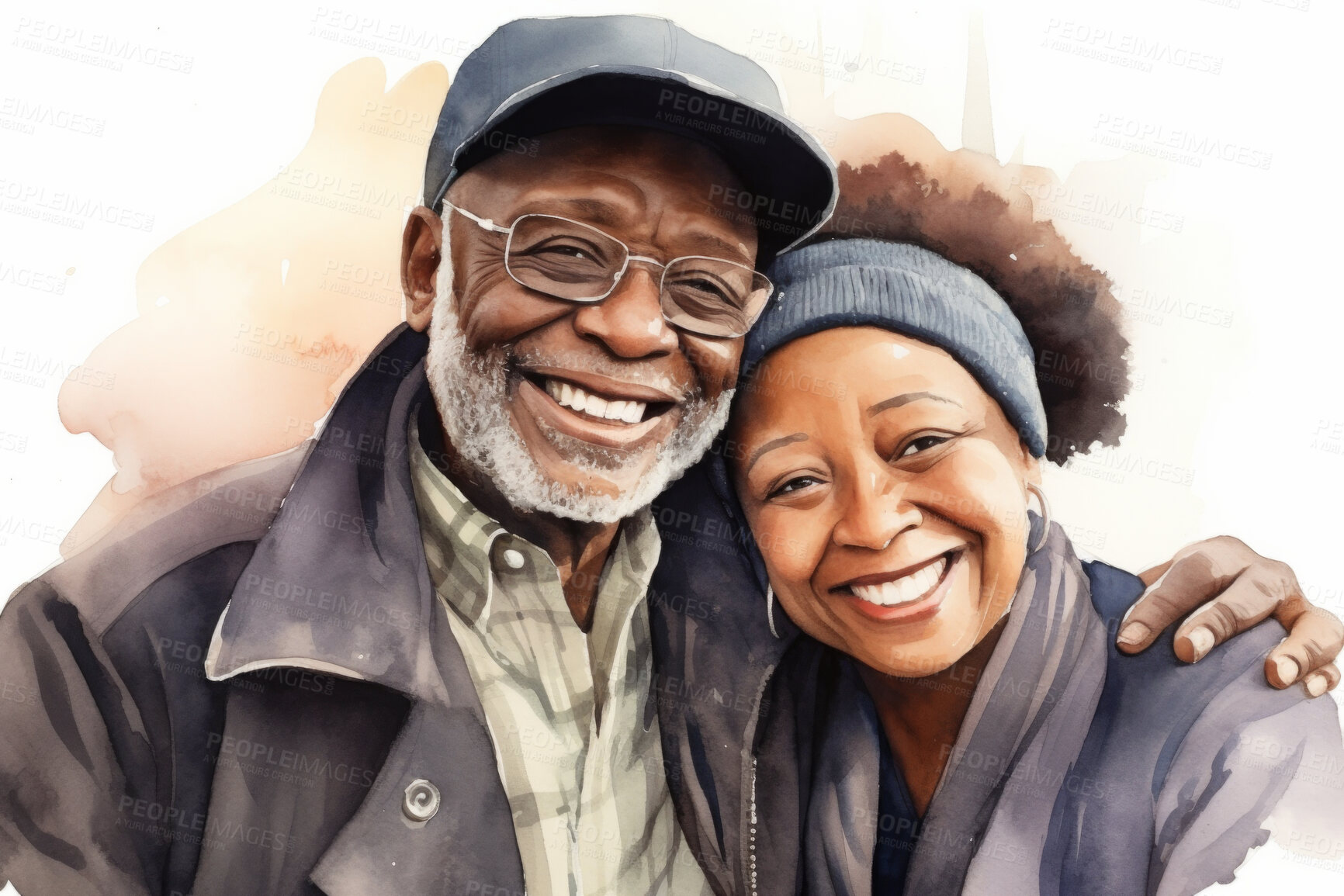 Buy stock photo Senior, couple and watercolour portrait illustration on a white background for drawing, love and bonding. Happy, colourful and sketch for elderly man, woman and creative gift and card design artwork