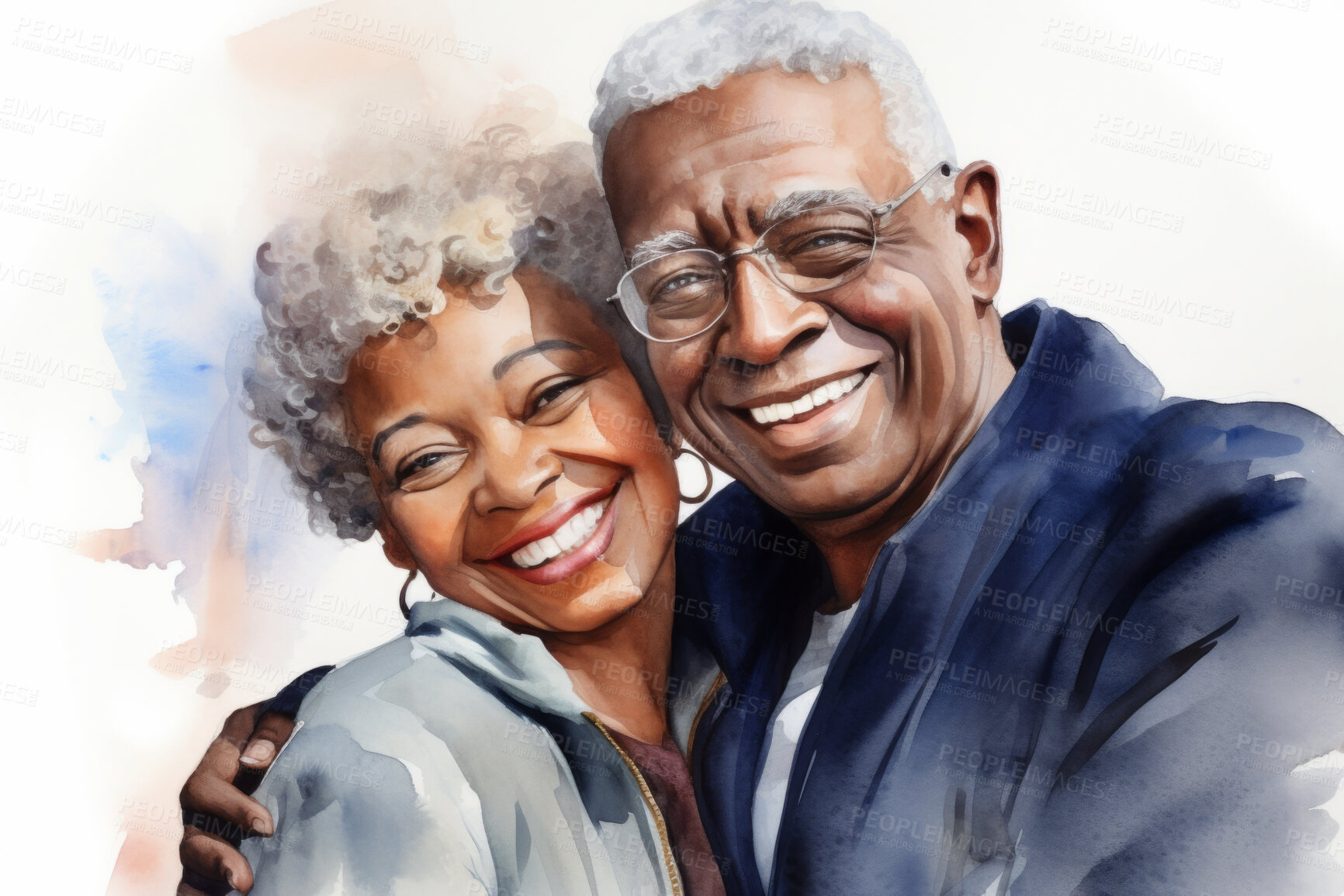 Buy stock photo Senior, couple and watercolour portrait illustration on a white background for drawing, love and bonding. Happy, colourful and sketch for elderly man, woman and creative gift and card design artwork