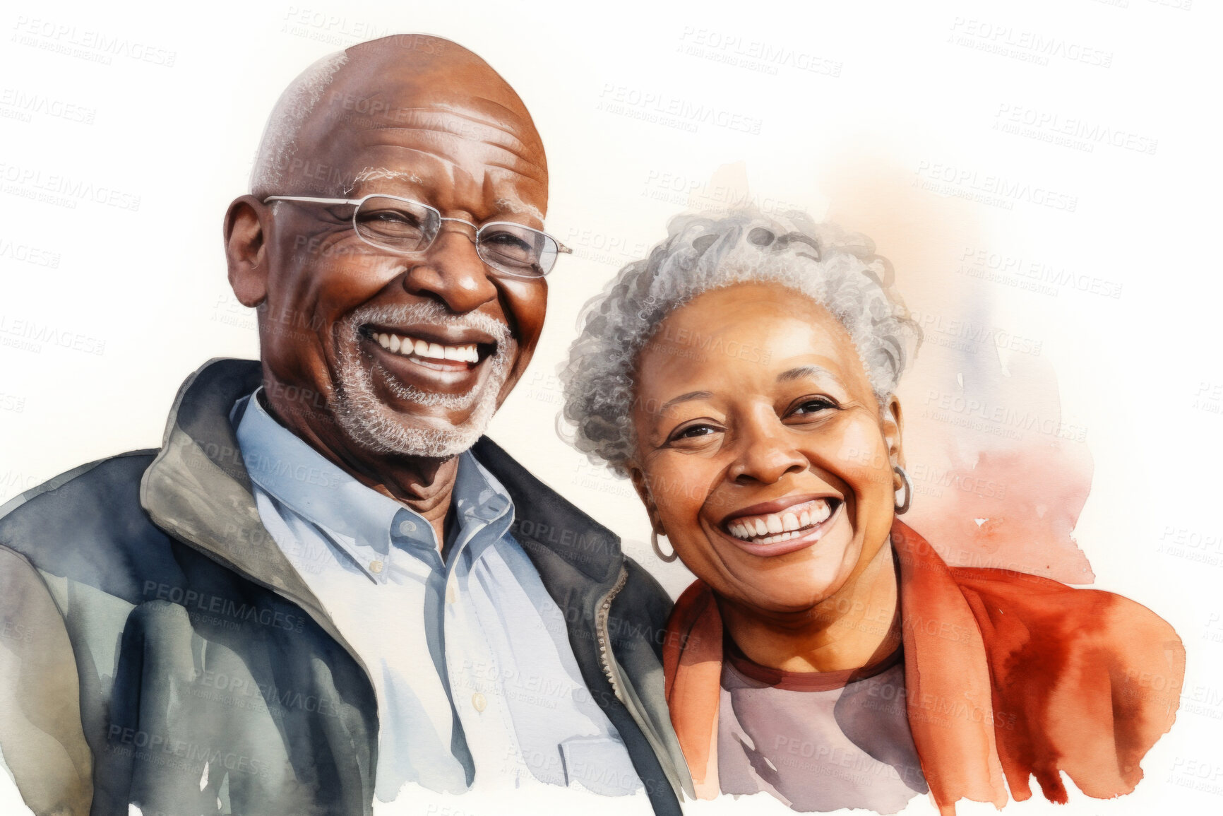 Buy stock photo Senior, couple and watercolour portrait illustration on a white background for drawing, love and bonding. Happy, colourful and sketch for elderly man, woman and creative gift and card design artwork