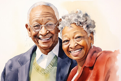 Senior, couple and watercolour portrait illustration on a white background for drawing, love and bonding. Happy, colourful and sketch for elderly man, woman and creative gift and card design artwork