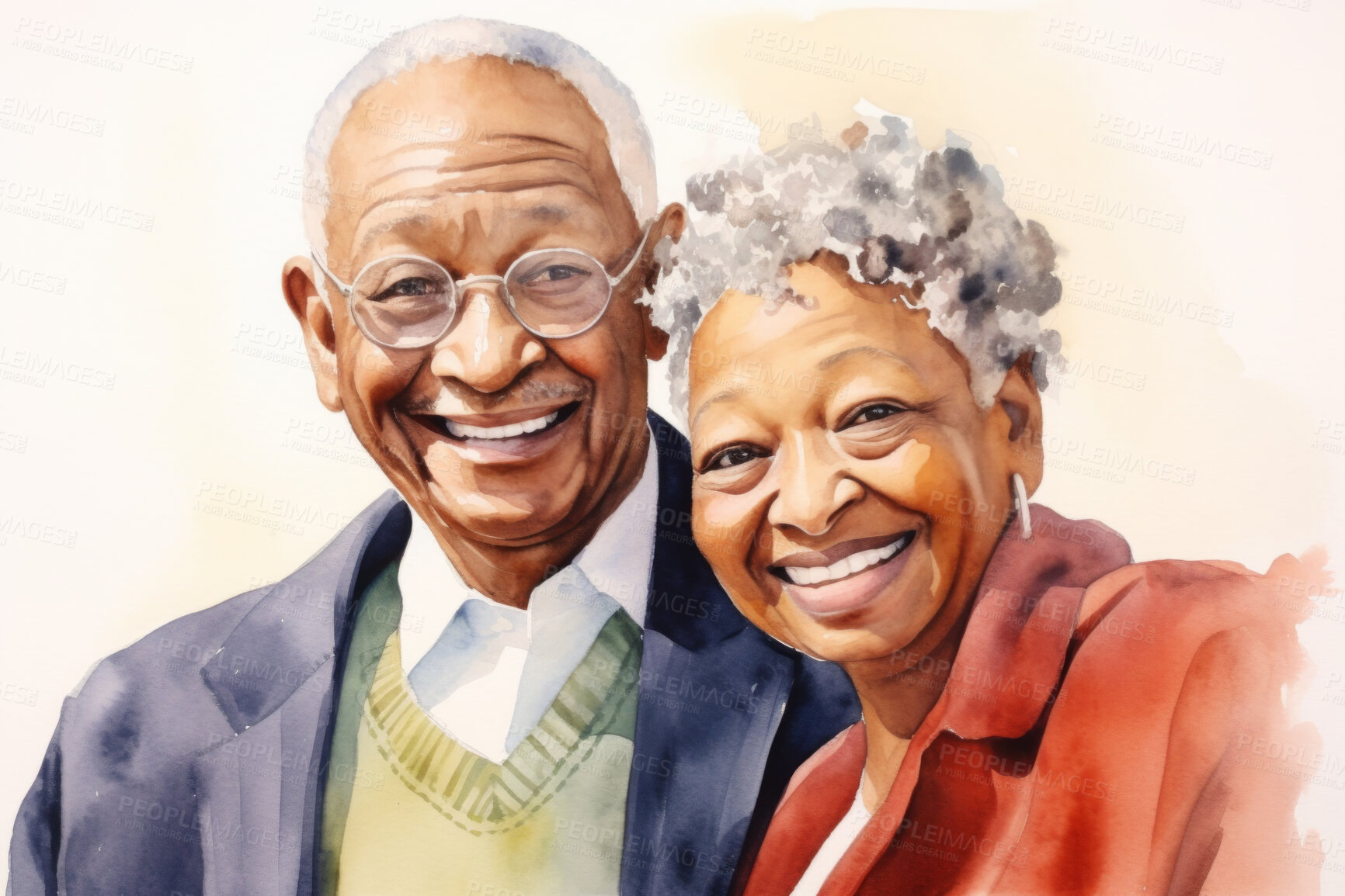 Buy stock photo Senior, couple and watercolour portrait illustration on a white background for drawing, love and bonding. Happy, colourful and sketch for elderly man, woman and creative gift and card design artwork