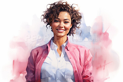 Young, woman and watercolour portrait illustration on a white background for cancer, health awareness and support. Happy, beautiful and colourful sketch for creative poster and card design artwork