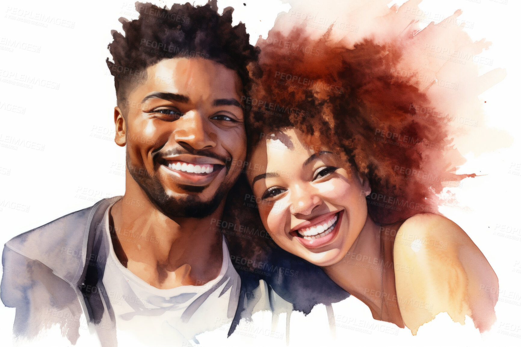 Buy stock photo Young, couple and watercolour portrait illustration on a white background for drawing, happiness and contentment. Happy, beautiful and colourful sketch for valentine's gift and card design artwork