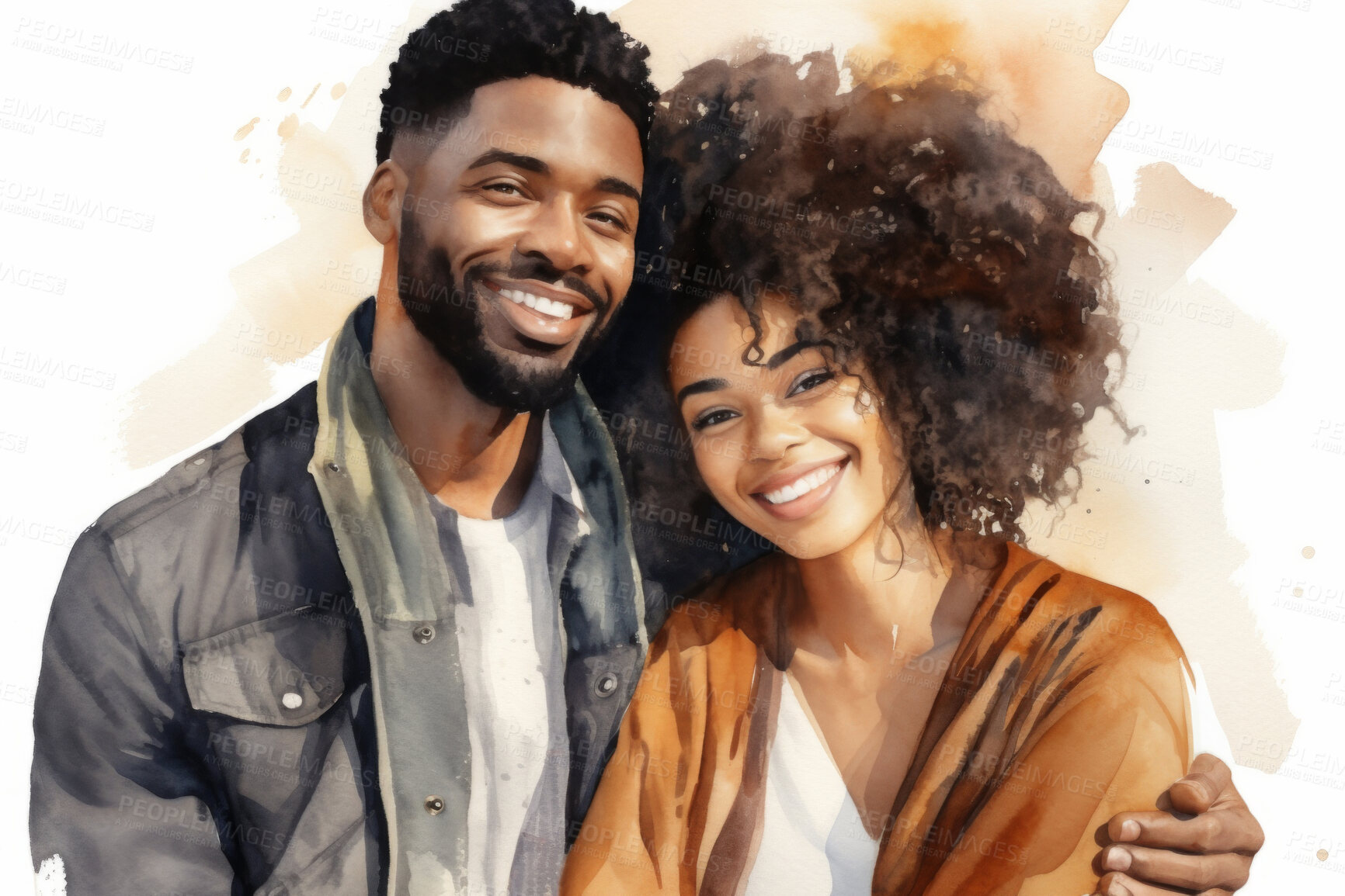 Buy stock photo Young, couple and watercolour portrait illustration on a white background for drawing, happiness and contentment. Happy, beautiful and colourful sketch for valentine's gift and card design artwork