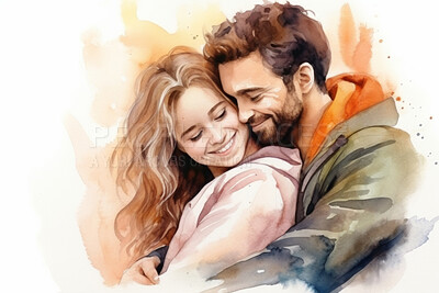 Young, couple and watercolour portrait illustration on a white background for drawing, happiness and contentment. Happy, beautiful and colourful sketch for valentine\'s gift and card design artwork
