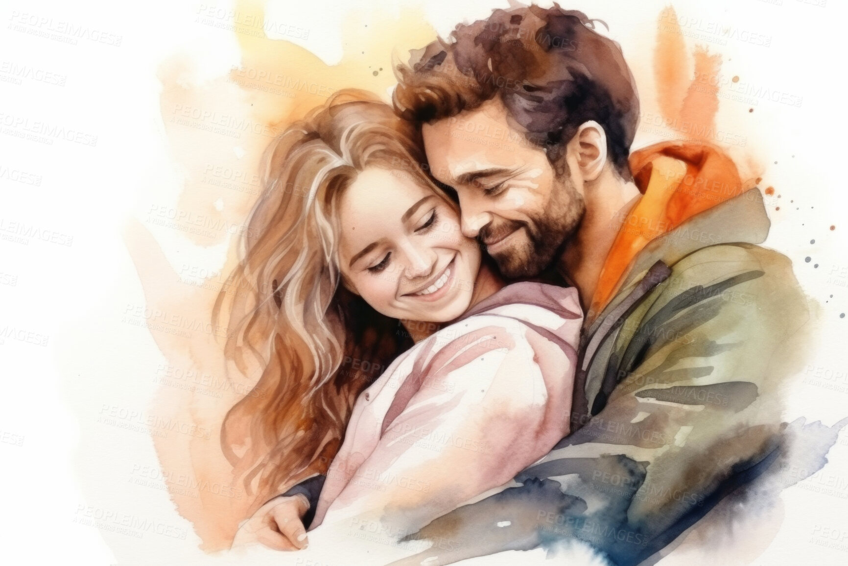 Buy stock photo Young, couple and watercolour portrait illustration on a white background for drawing, happiness and contentment. Happy, beautiful and colourful sketch for valentine's gift and card design artwork