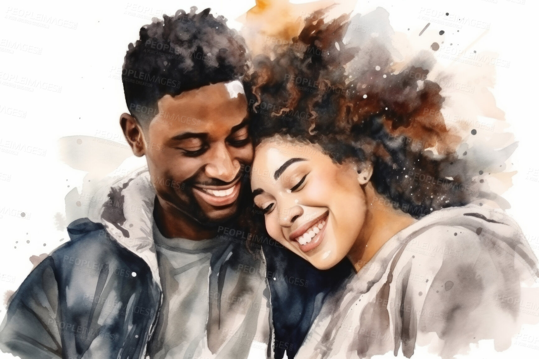 Buy stock photo Young, couple and watercolour portrait illustration on a white background for drawing, happiness and contentment. Happy, beautiful and colourful sketch for valentine's gift and card design artwork