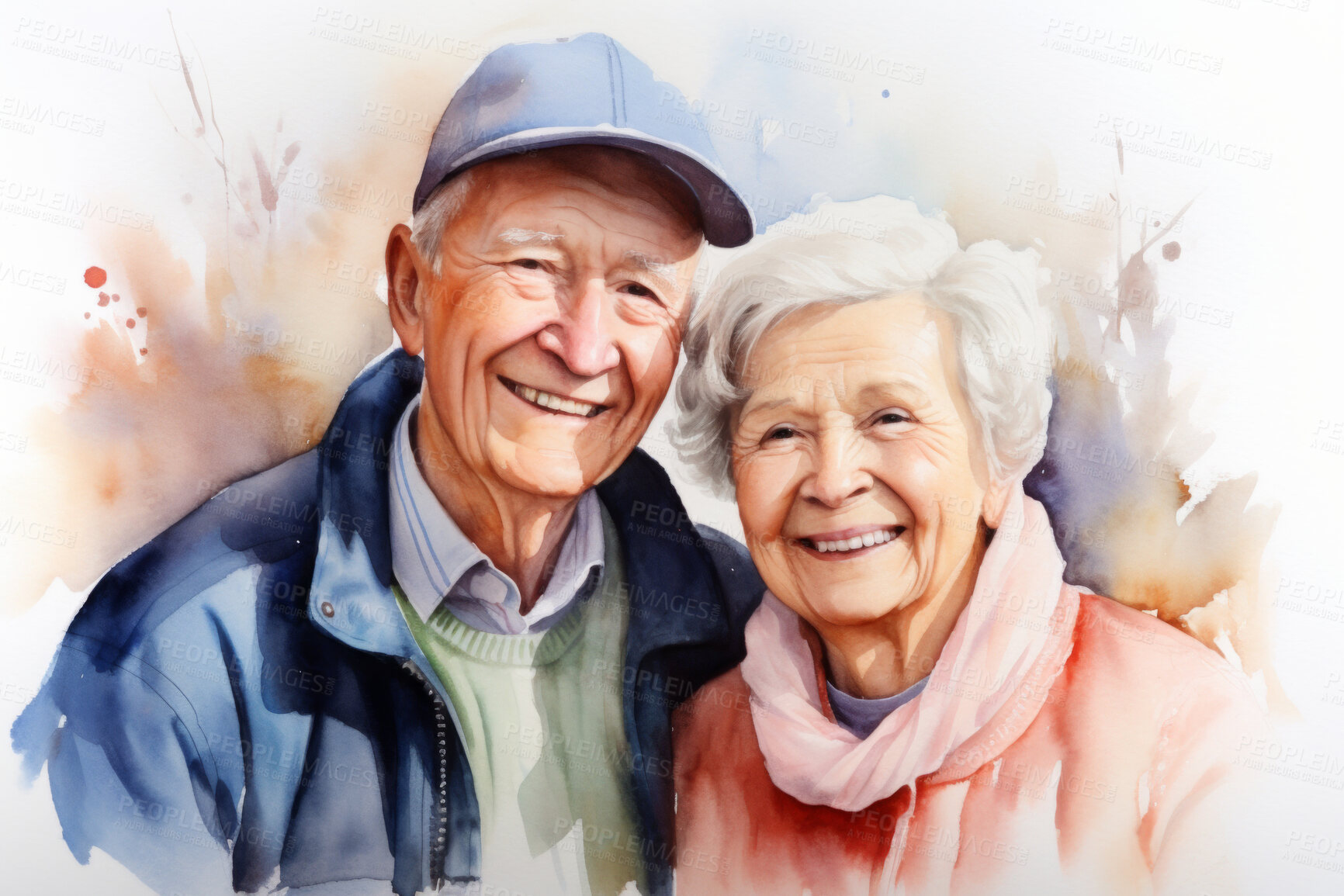 Buy stock photo Senior, couple and watercolour portrait illustration on a white background for drawing, love and bonding. Happy, colourful and sketch for elderly man, woman and creative gift and card design artwork