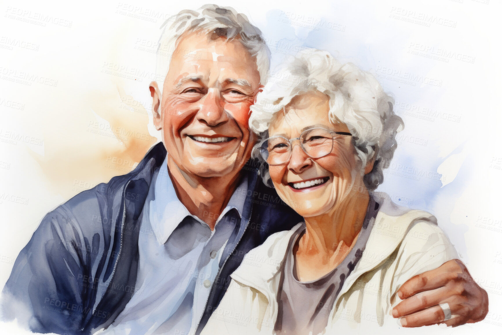 Buy stock photo Senior, couple and watercolour portrait illustration on a white background for drawing, love and bonding. Happy, colourful and sketch for elderly man, woman and creative gift and card design artwork