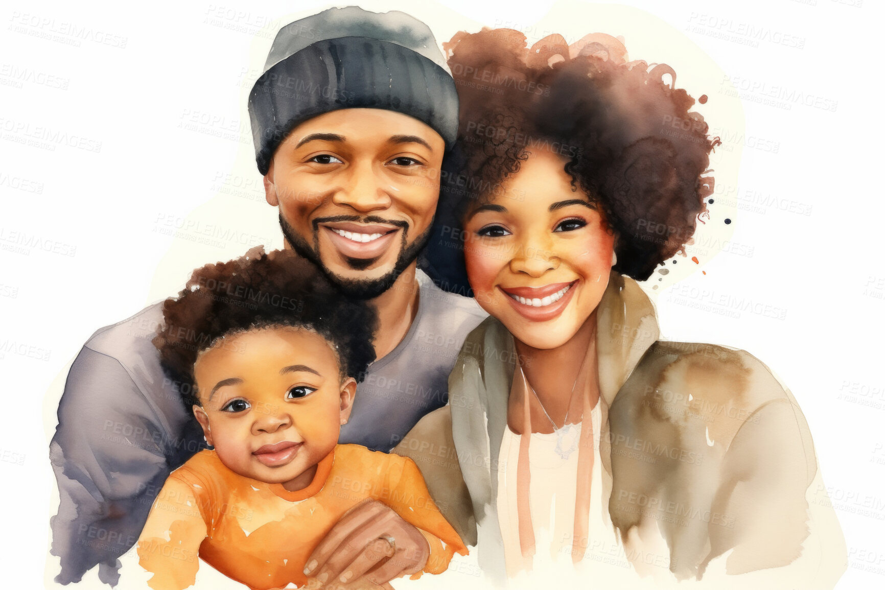 Buy stock photo Family, toddler and watercolour portrait illustration on a white background for drawing, love and bonding. Happy, artwork and colourful sketch of mom, dad and children in creative gift card design