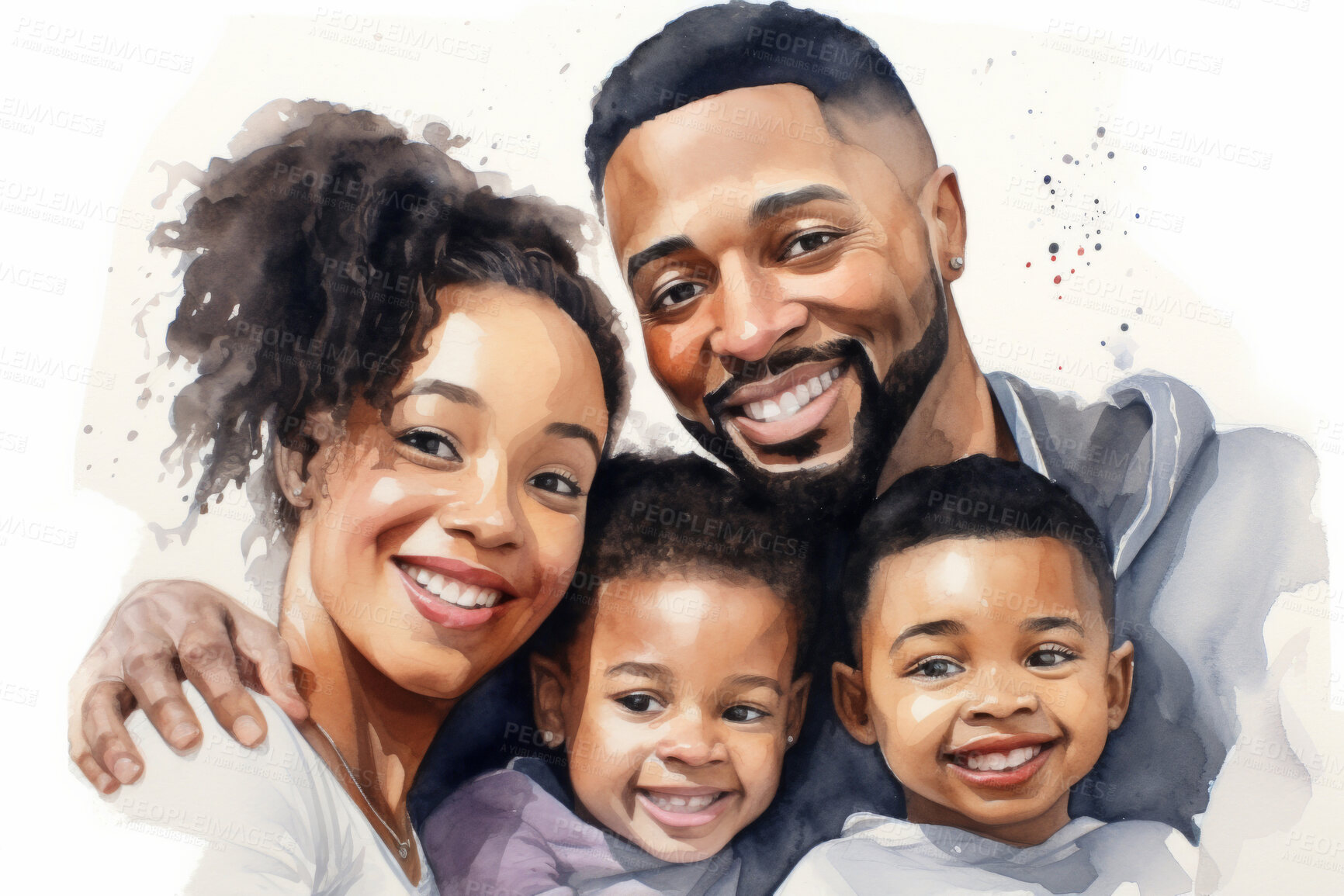 Buy stock photo Family, toddler and watercolour portrait illustration on a white background for drawing, love and bonding. Happy, artwork and colourful sketch of mom, dad and children in creative gift card design