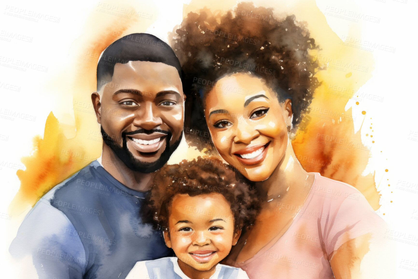 Buy stock photo Family, toddler and watercolour portrait illustration on a white background for drawing, love and bonding. Happy, artwork and colourful sketch of mom, dad and children in creative gift card design