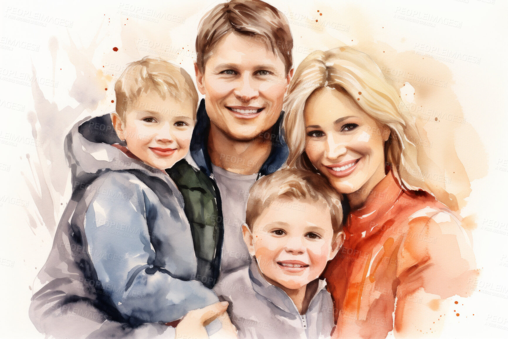 Buy stock photo Family, toddler and watercolour portrait illustration on a white background for drawing, love and bonding. Happy, artwork and colourful sketch of mom, dad and children in creative gift card design