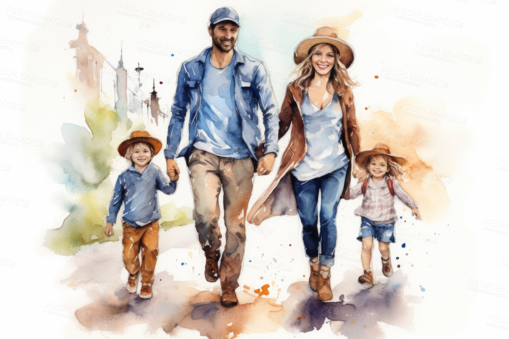 Buy stock photo Family, toddler and watercolour portrait illustration on a white background for drawing, love and bonding. Happy, artwork and colourful sketch of mom, dad and children in creative gift card design