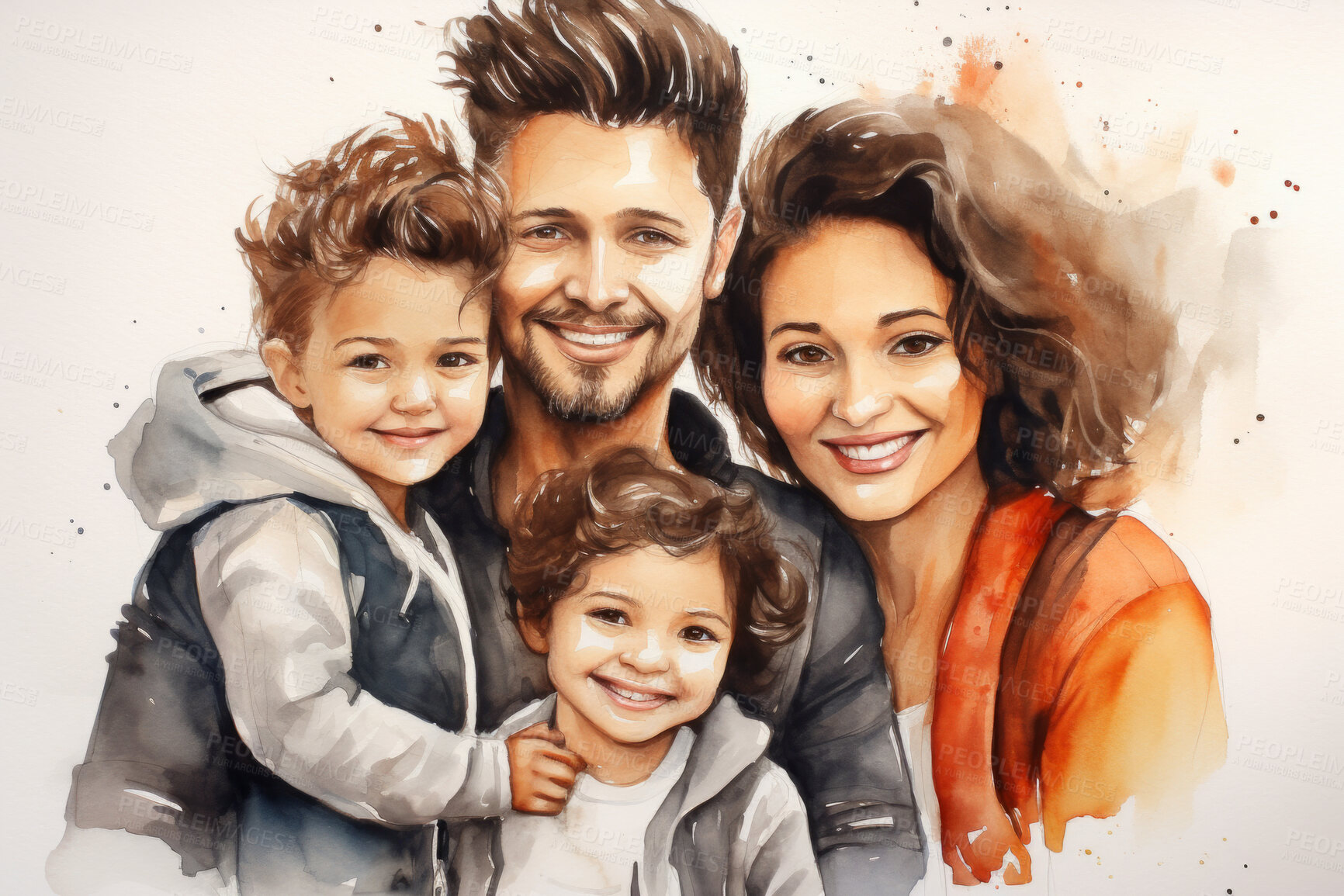 Buy stock photo Family, toddler and watercolour portrait illustration on a white background for drawing, love and bonding. Happy, artwork and colourful sketch of mom, dad and children in creative gift card design