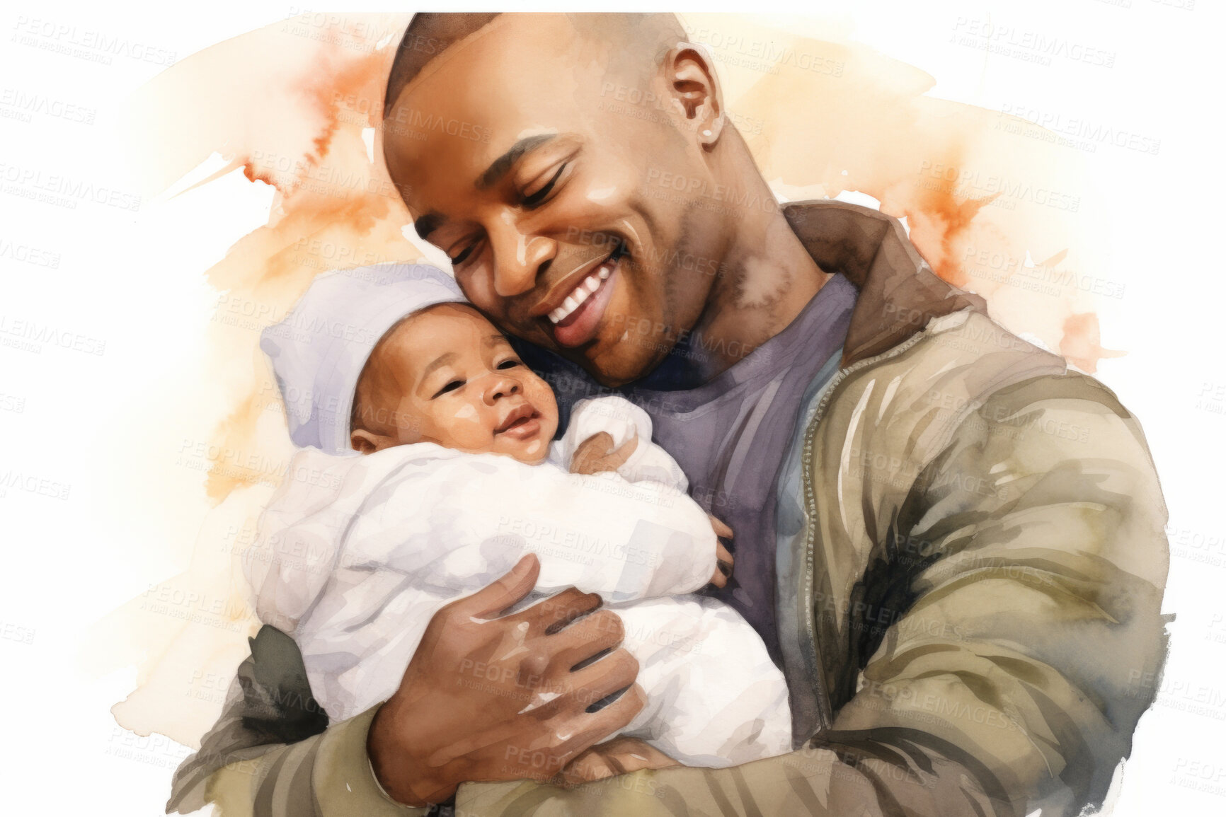 Buy stock photo Dad, newborn baby and watercolour support illustration on white background for fatherhood, love and creative bonding. Happy, beautiful and colourful sketch for father's day gift and card art design