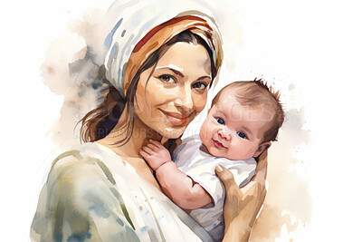 Mom, newborn baby and watercolour portrait illustration on white background for creative motherhood, love and bonding. Happy, beautiful and colourful sketch for mother's day gift and card art design