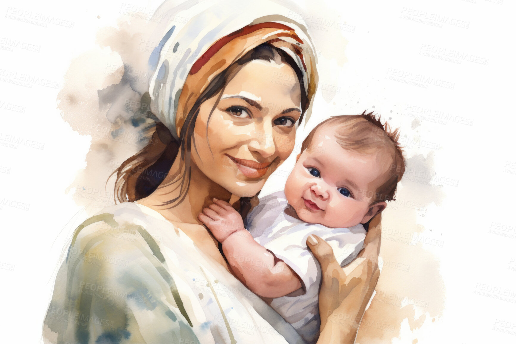 Buy stock photo Mom, newborn baby and watercolour portrait illustration on white background for creative motherhood, love and bonding. Happy, beautiful and colourful sketch for mother's day gift and card art design