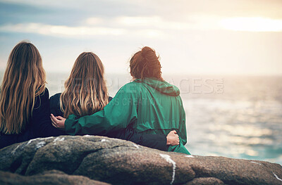 Buy stock photo Shot of unrecognizable female friends looking at the view together outdoors