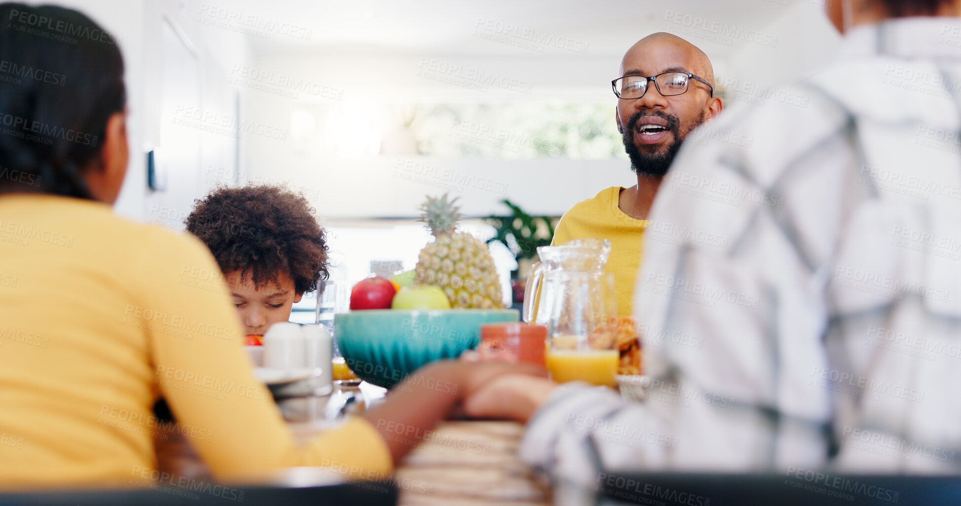 Buy stock photo Black family, food and parents with children praying for breakfast, lunch and eating together. Home, religion and people in prayer for bonding with meal for health, nutrition and hunger in house