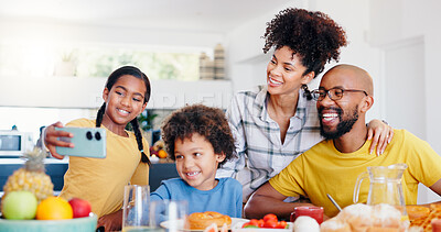 Buy stock photo Selfie, breakfast and a black family eating in the kitchen of their home together for health, diet or nutrition. Food, photograph or memory with a mother, father and children together in an apartment