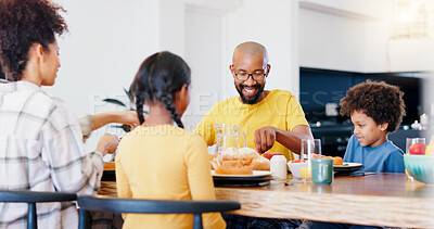 Buy stock photo Happy family, food and parents with children for breakfast, lunch and eating together in home. African, meal and mom, dad and kids at table for bonding for health, nutrition and hunger in house