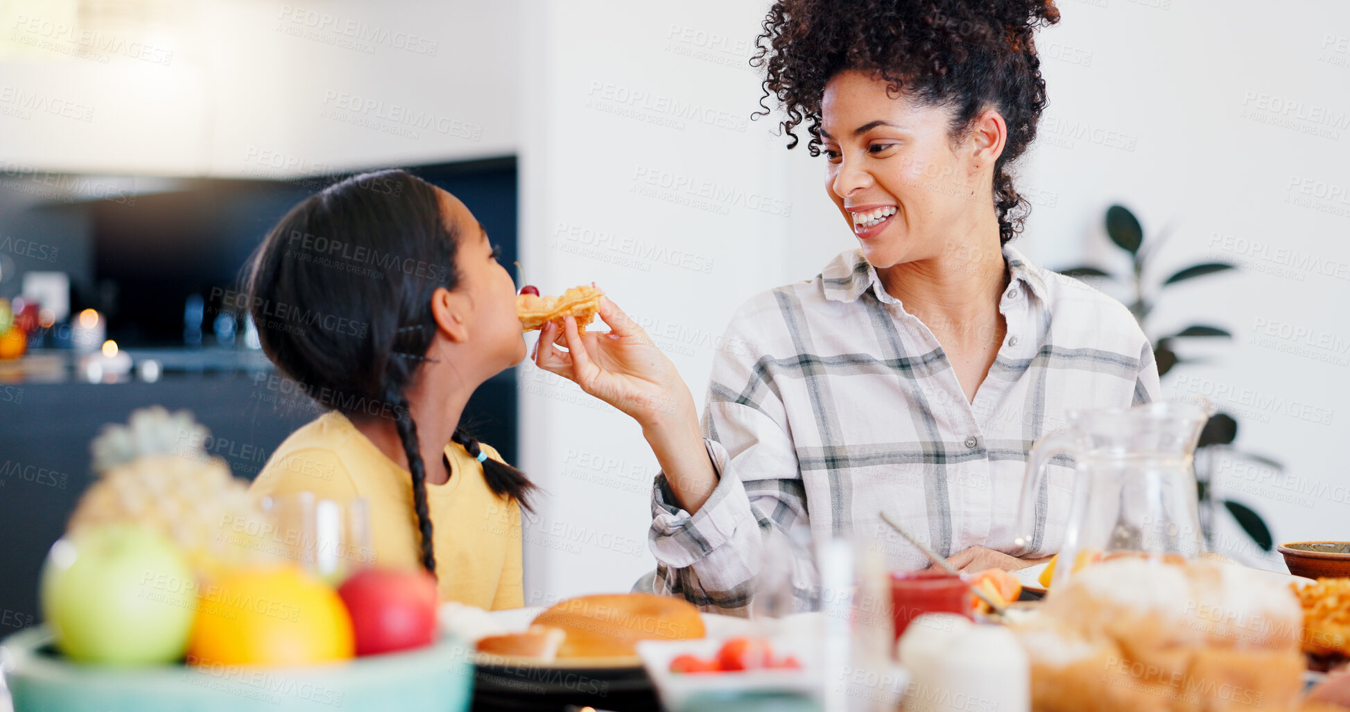 Buy stock photo Happy, breakfast and mother eating with child in dining room at modern home together for bonding. Smile, love and young mom enjoying healthy morning food and juice with girl kid at family house.