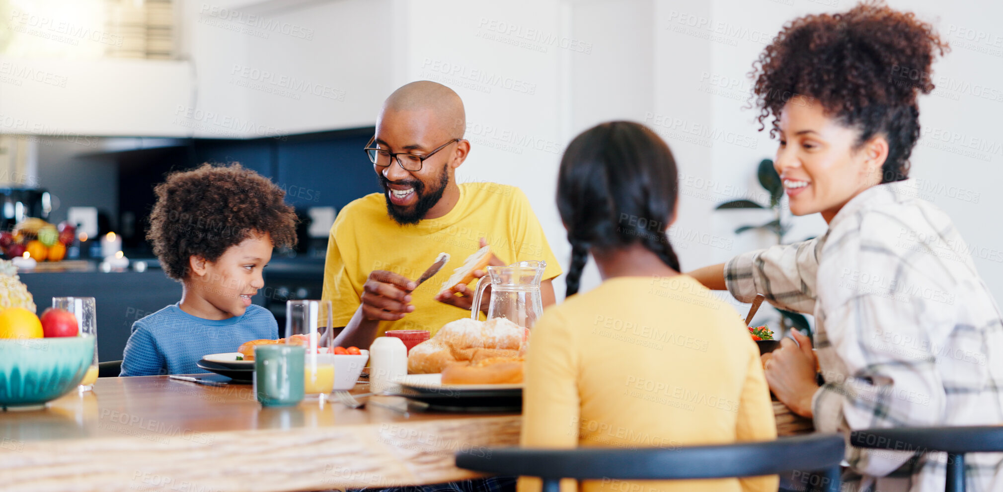 Buy stock photo Black family, food and parents with kids for breakfast, lunch and eating together in home. Happy, serving and mom, dad and children for bonding with meal for health, nutrition and hunger in house