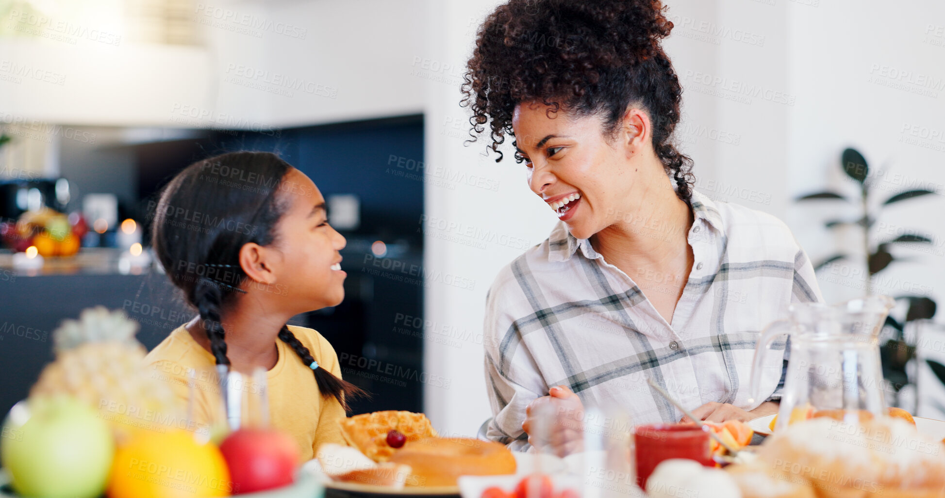 Buy stock photo Happy, breakfast and mother eating with kid in dining room at modern home together for bonding. Smile, love and young mom enjoying healthy morning food and juice with girl child at family house.