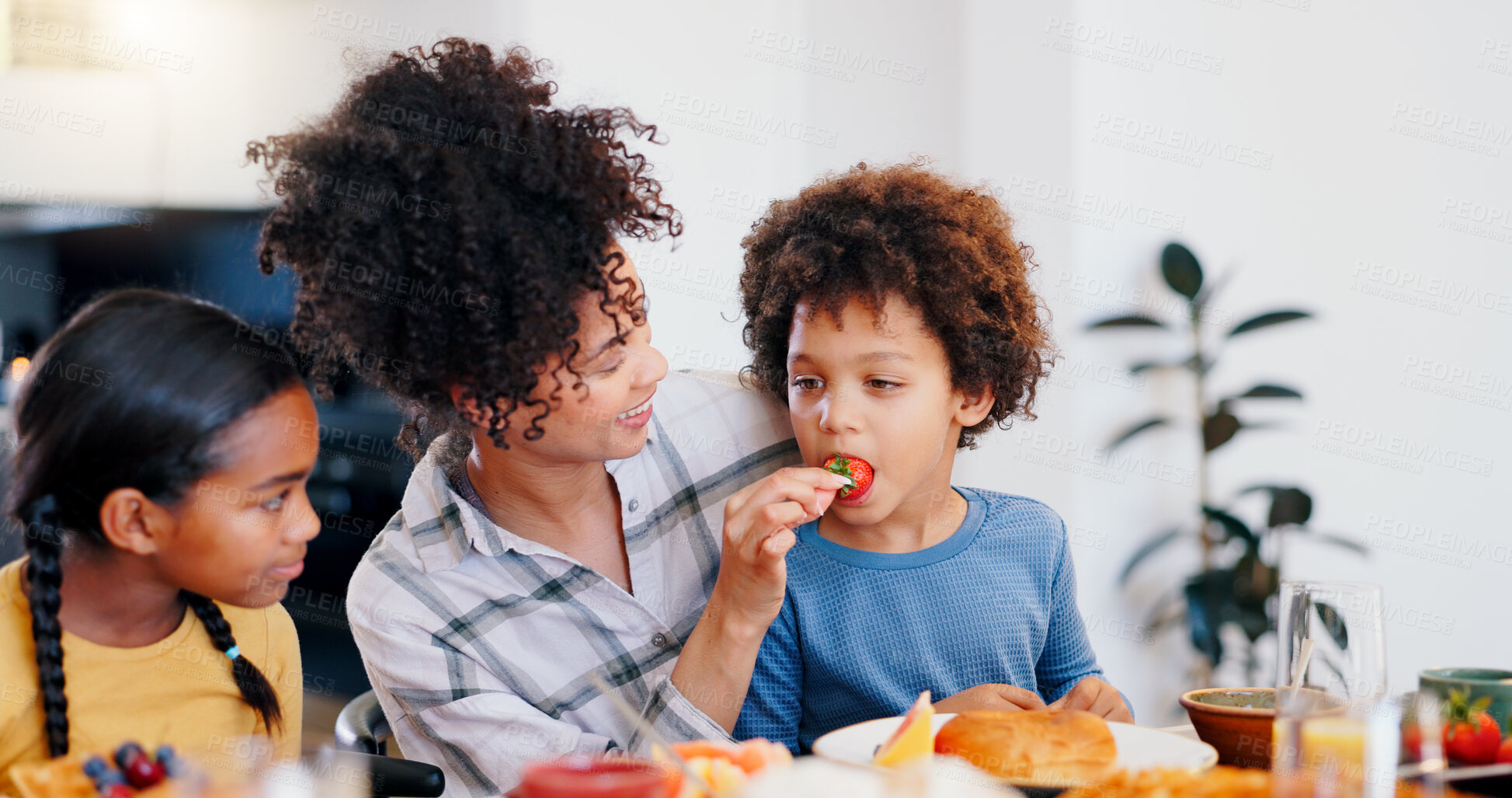 Buy stock photo Black family, fruit and mother with children for breakfast, lunch and eating together in home. Happy, parents and mom and kids at table for bonding with meal for health, nutrition and hunger in house