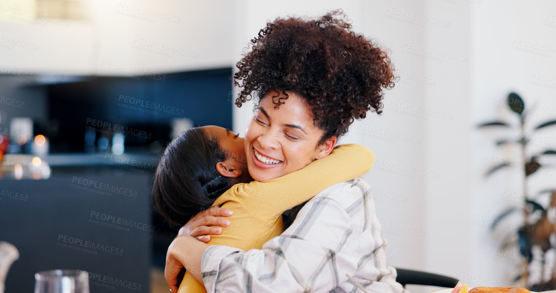 Buy stock photo Kid, smile and hug mom in home for love, care and kindness of family support, trust and gratitude. Young girl child, relax and embrace happy woman for mothers day, bonding and together in apartment