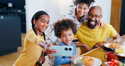 Buy stock photo Selfie, food and a black family eating in the kitchen of their home together for health, diet or nutrition. Breakfast, photograph or memory with a mother, father and children together in an apartment