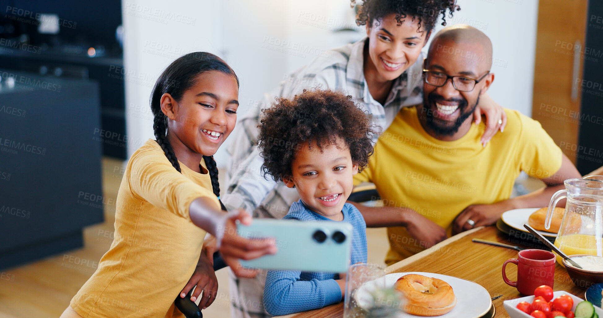 Buy stock photo Selfie, food and a black family eating in the kitchen of their home together for health, diet or nutrition. Breakfast, photograph or memory with a mother, father and children together in an apartment