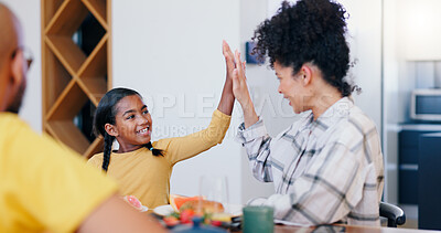 Buy stock photo Smile, high five and a family eating breakfast in the kitchen of home together in the morning for health. Food, love or support with a mother and daughter bonding or enjoying a meal for nutrition