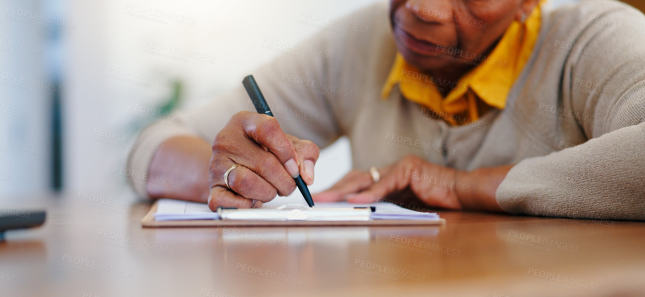 Buy stock photo Senior woman, hands and writing agreement on contract, form or application for retirement plan or insurance at home. Closeup of elderly female person signing documents or paperwork on table at house