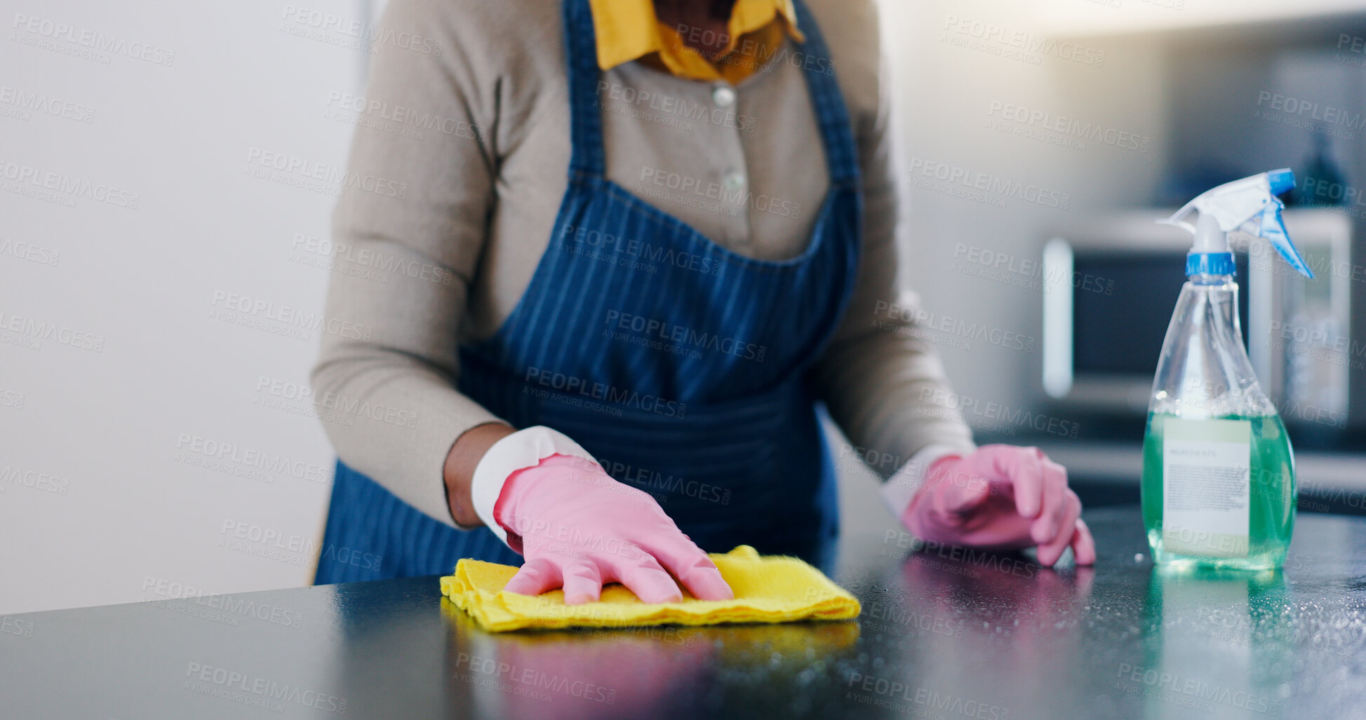 Buy stock photo Woman, hands and cleaning table in kitchen for housekeeping, hygiene or sanitary surface at home. Closeup of female person, maid or cleaner wiping furniture for disinfection, germ or bacteria removal