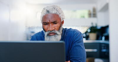 Buy stock photo Senior, businessman and serious with reading on laptop for planning, research and problem solving in office. Elderly, person and entrepreneur with technology in workplace for proposal or work project