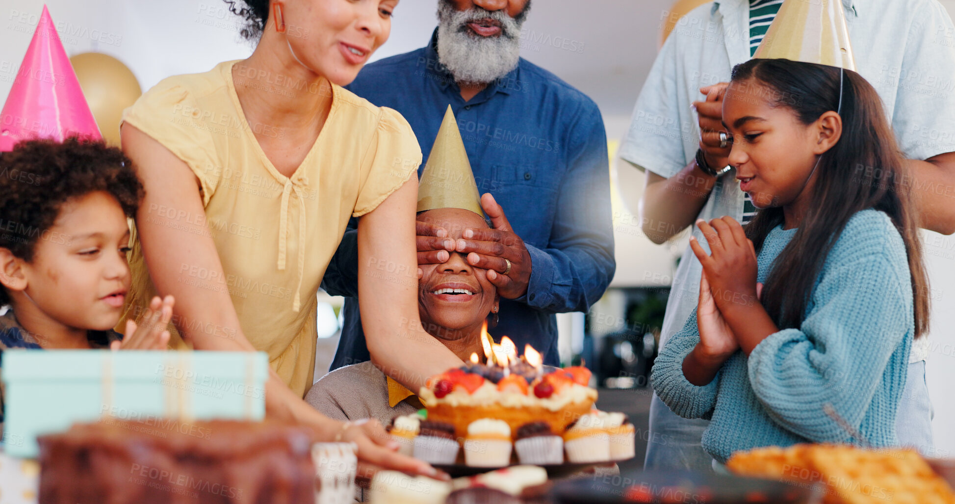 Buy stock photo Cake, surprise and family at birthday party celebration together at modern house with candles and cake. Smile, excited and young children with African father and grandparents for dessert at home.